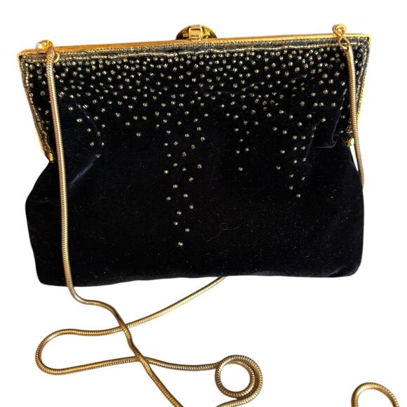 Vintage Velvet Evening Bag Gold Snake Chain and Stunning beaded detail - Picture 3 of 4